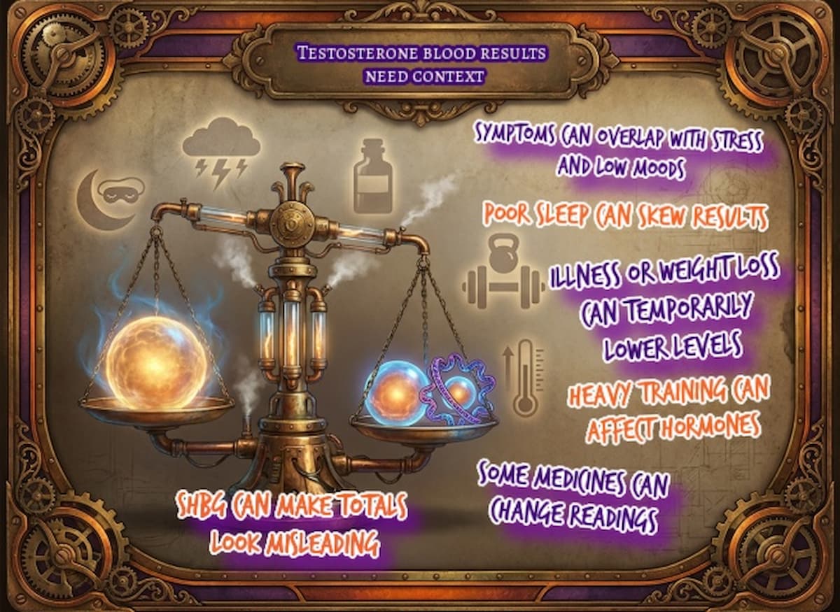 Steampunk balance scale showing testosterone and binding context factors for men’s hormone testing at courierstaging.mystagingwebsite.com.