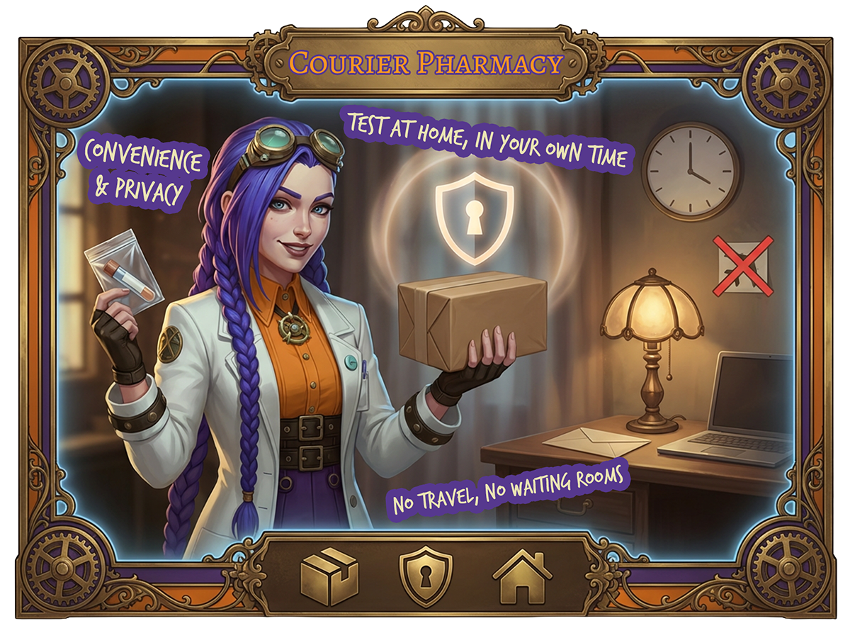 Dr Ada Jex Cori from courierstaging.mystagingwebsite.com holding a blood test kit and secure package, with clock, privacy shield, and "no waiting rooms" symbol, steampunk lab setting with text "Test at home, in your own time" and "Convenience & Privacy" – Courier Pharmacy infographic