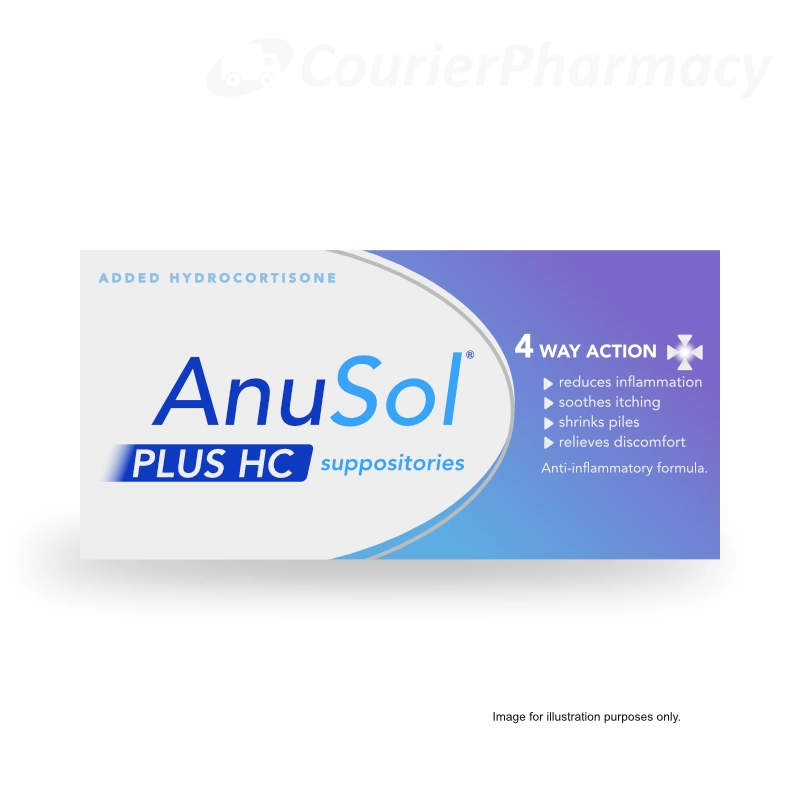 Anusol Plus HC suppositories box showing 4-way action and added hydrocortisone, piles treatment image for courierstaging.mystagingwebsite.com