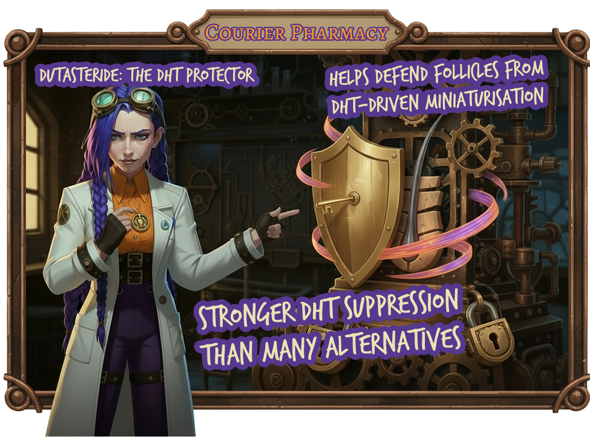 Dr Ada Jex Cori points to a steampunk machine with a shield and dual padlocks closing via a master key, showing how dutasteride protects hair follicles from DHT at courierstaging.mystagingwebsite.com.
