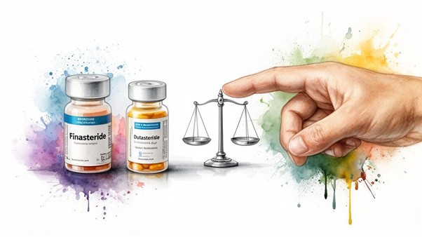 Illustration comparing finasteride vs dutasteride bottles with balance scales, hair loss treatment comparison image for courierstaging.mystagingwebsite.com