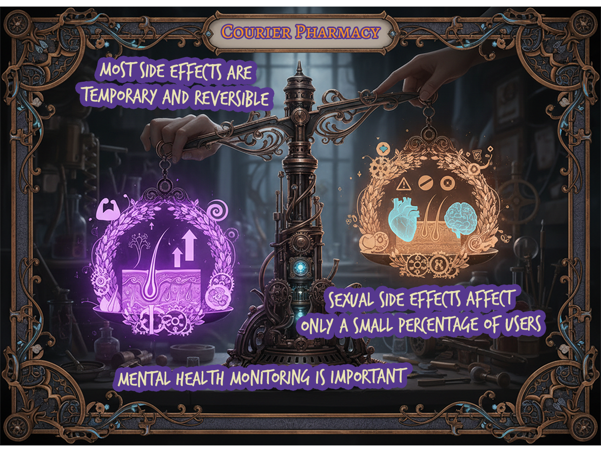 A dramatic steampunk balance scale infographic from courierstaging.mystagingwebsite.com showing the left pan (lower, heavier) filled with vibrant healthy hair imagery, follicles, and growth symbols in purple glow, whilst the right pan (higher, lighter) displays subtle caution symbols and medical icons in orange glow, illustrating that the benefits of finasteride and dutasteride outweigh the manageable side effect risks.