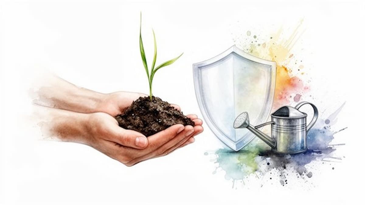Hands holding soil with a small green sprout beside a protective shield and a metal watering can, symbolising hair growth and defence with dutasteride and minoxidil on courierstaging.mystagingwebsite.com.