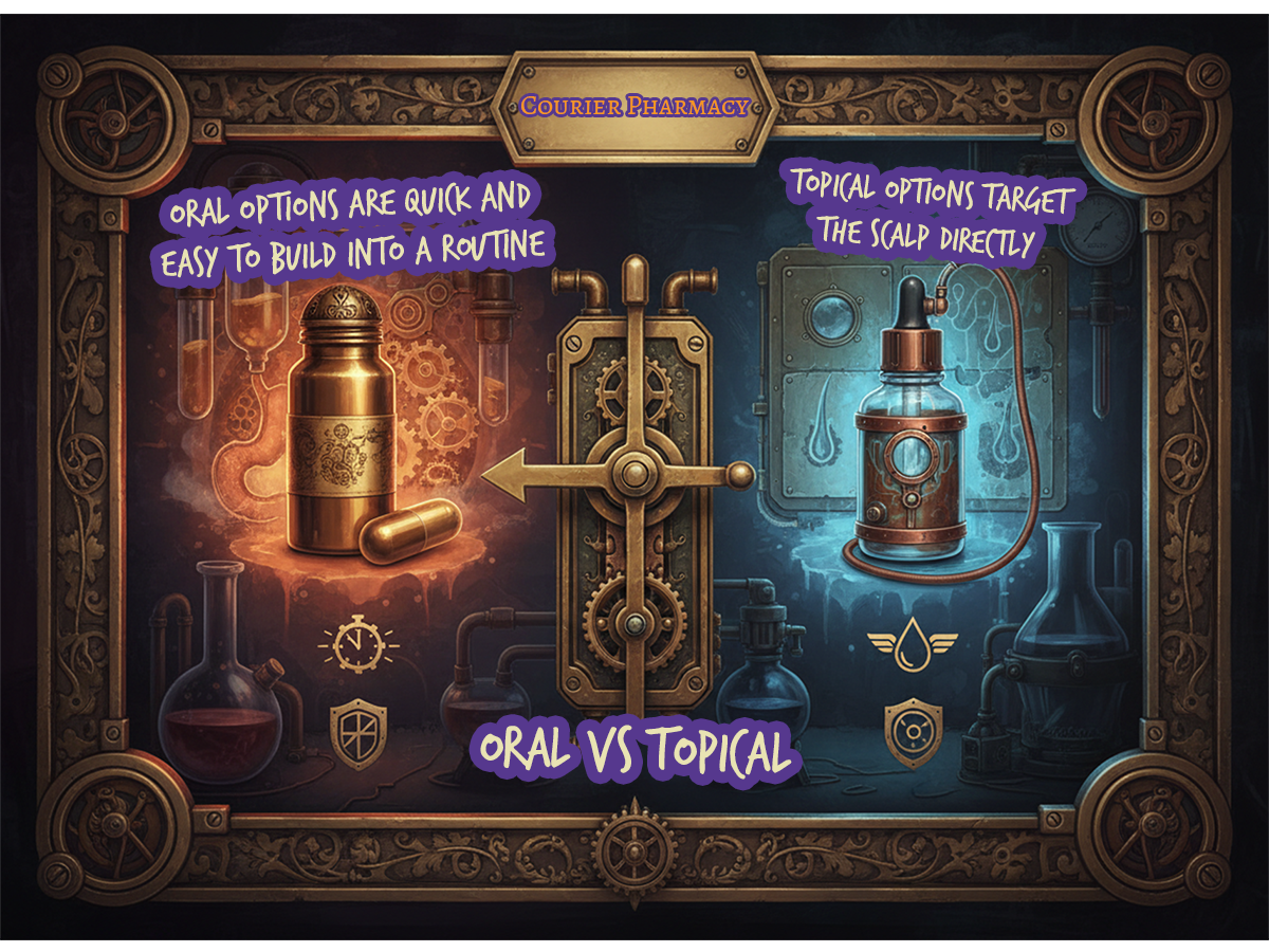 A steampunk split-scene shows a brass capsule vial on one side and a glowing dropper bottle on the other, representing oral versus topical hair loss treatments at courierstaging.mystagingwebsite.com.