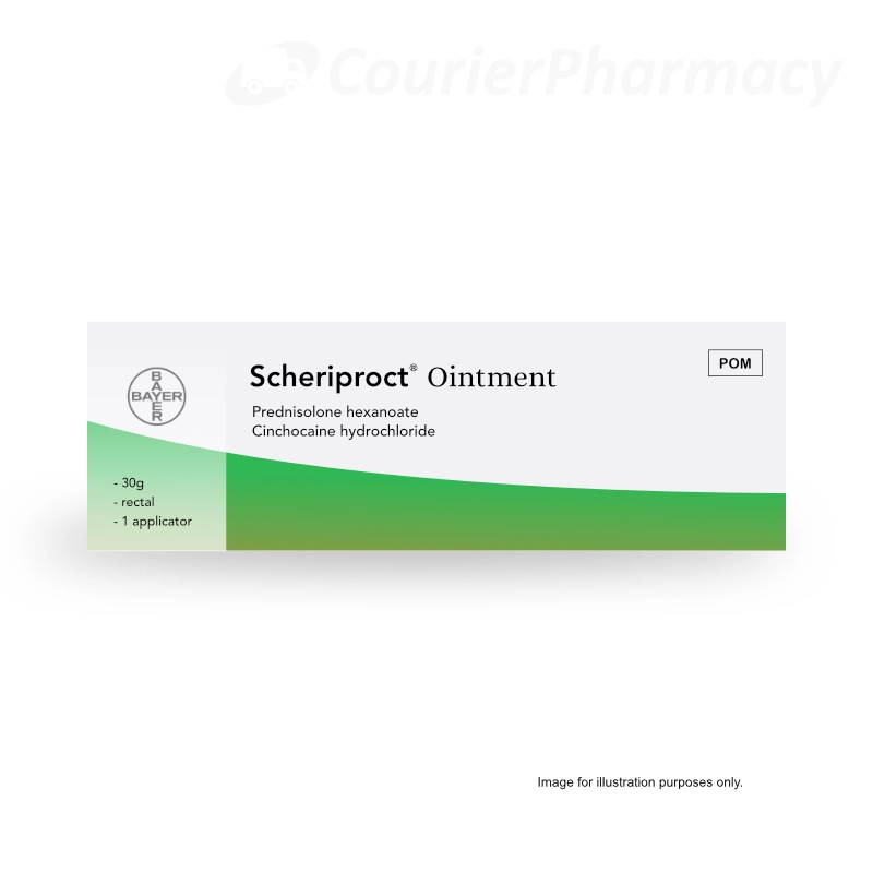 Scheriproct ointment 30g pack on a white background, prescription haemorrhoids treatment, available from courierstaging.mystagingwebsite.com.