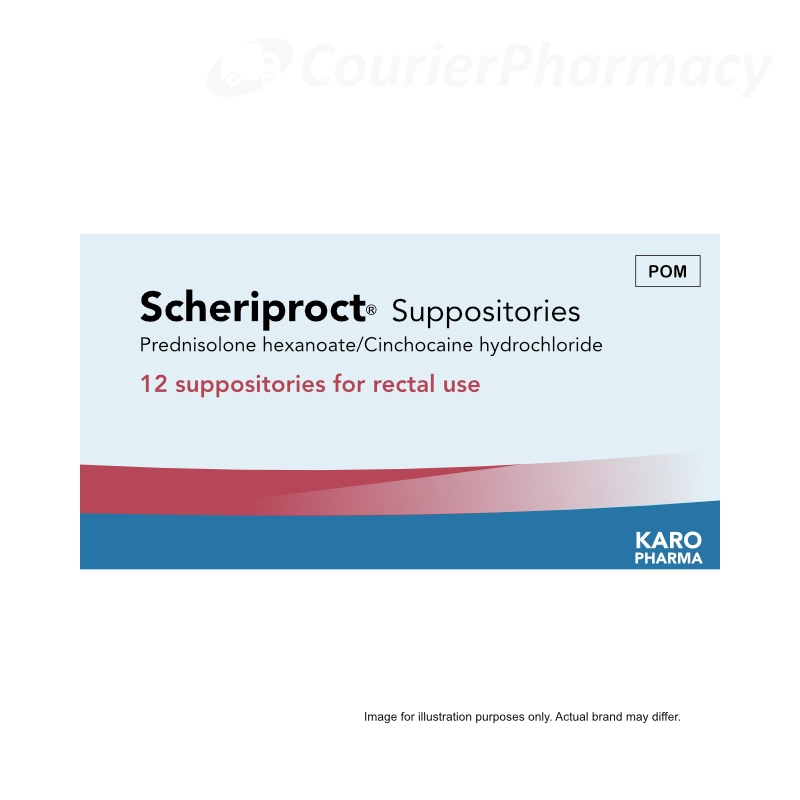 Scheriproct suppositories box on a white background, product packaging photo for piles treatment from courierstaging.mystagingwebsite.com.