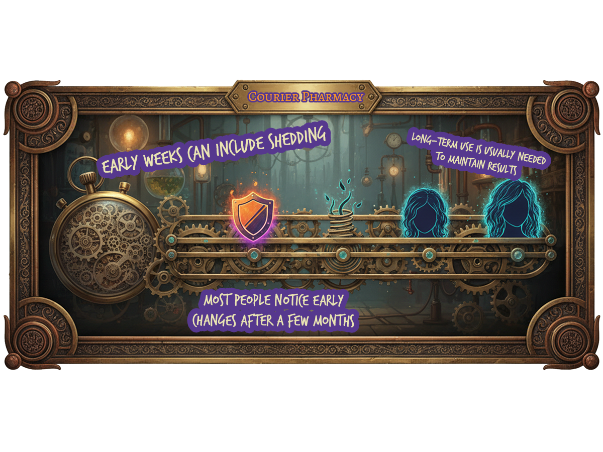 A steampunk clockwork timeline with hair and follicle icons shows the stages of progress when using dutasteride and minoxidil for hair loss at courierstaging.mystagingwebsite.com.