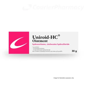 Uniroid-HC Ointment 30g pack showing hydrocortisone and cinchocaine hydrochloride, product label and branding, from courierstaging.mystagingwebsite.com