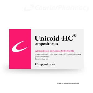 Uniroid HC suppositories box (12 suppositories) by courierstaging.mystagingwebsite.com, white and pink packaging labelled “Uniroid-HC suppositories”.