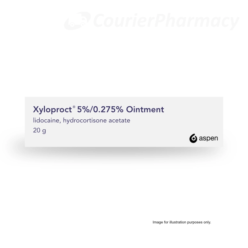 Xyloproct 5%/0.275% Ointment 20g box showing lidocaine and hydrocortisone acetate, from courierstaging.mystagingwebsite.com.