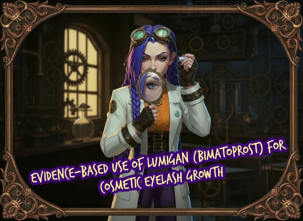 Evidenced-based eyelash growth hero image on courierstaging.mystagingwebsite.com featuring Dr Ada Jex Cori applying bimatoprost (Lumigan) to the upper lash line with an applicator brush in a steampunk lab.