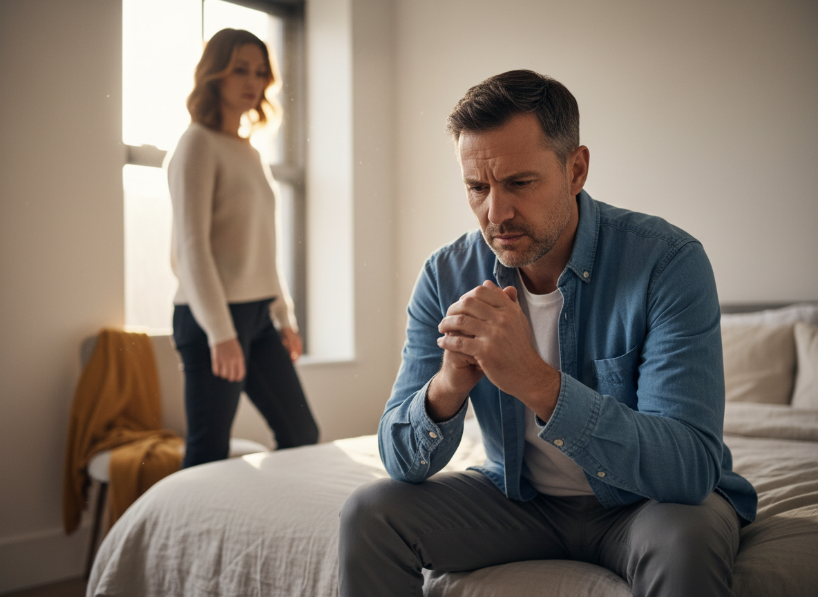 Living With ED: The Real-Life Impact | courierstaging.mystagingwebsite.com Real-life editorial photo-style image showing a man feeling frustrated and low-confidence about erectile difficulties in everyday UK life, for courierstaging.mystagingwebsite.com.