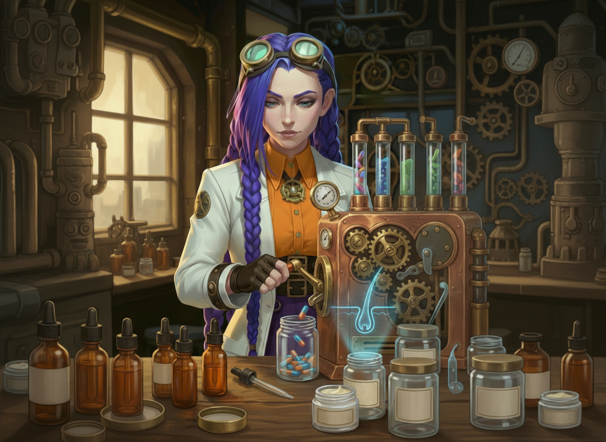 Dr Ada Jex Cori prepares personalised capsules at a compounding bench in her steampunk laboratory, with jars, droppers, and a capsule-filling machine shown for a Courier Pharmacy guide on courierstaging.mystagingwebsite.com.