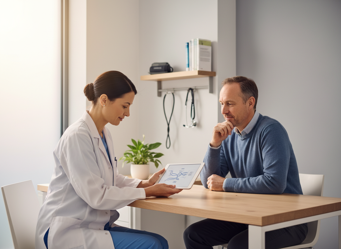 A clinician reviews a treatment plan on a tablet with a patient during a calm consultation in a modern clinic room, illustrating the decision-making step in a dutasteride hair loss guide on courierstaging.mystagingwebsite.com.