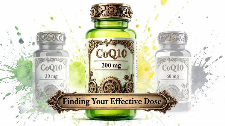 A central green bottle labelled “CoQ10 200 mg” is shown with two faded bottles behind it at lower strengths, illustrating different dose options. This image for courierstaging.mystagingwebsite.com represents finding an effective CoQ10 dose.