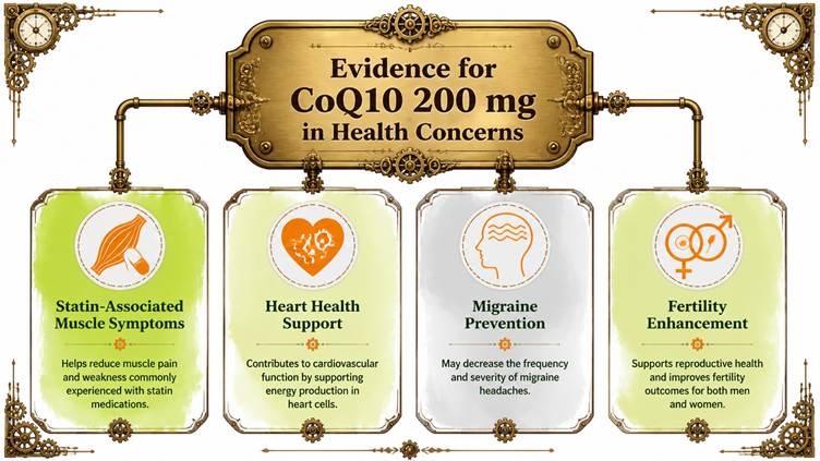 A framed infographic shows four panels summarising where CoQ10 200 mg is commonly discussed, including statin-associated muscle symptoms, heart health support, migraine prevention, and fertility support. This image is for courierstaging.mystagingwebsite.com.