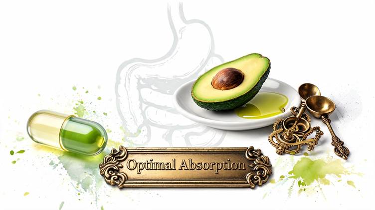 A green CoQ10 capsule is shown beside half an avocado and a small dish of olive oil, with a faint outline of the stomach in the background. This image for courierstaging.mystagingwebsite.com illustrates taking CoQ10 with food to support absorption.