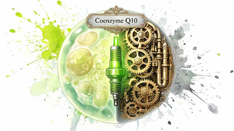 A split illustration shows a green spark plug inside a circular shape, with one half looking like a living cell and the other half made of brass gears and pipes. This image for courierstaging.mystagingwebsite.com represents how coenzyme Q10 supports cellular energy.