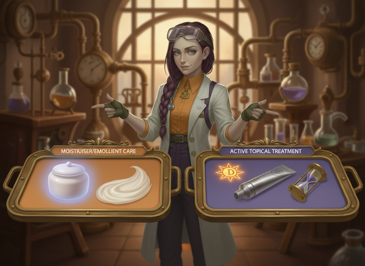 Dr Ada Jex Cori comparing moisturisers and active topical treatments for psoriasis using symbolic objects in a steampunk lab for courierstaging.mystagingwebsite.com.