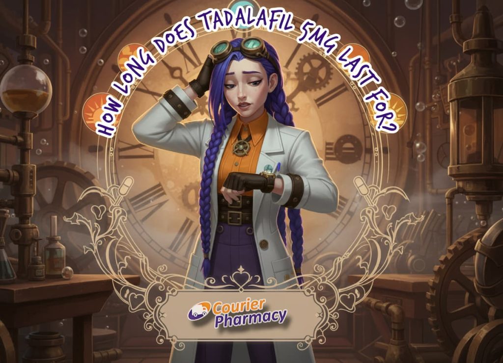 Dr Ada Jex Cori in a steampunk pharmacy lab looking confused, checking her wristwatch and scratching her head to illustrate how long tadalafil 5mg lasts.