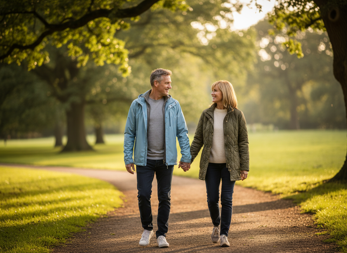 courierstaging.mystagingwebsite.com image of a middle-aged man and woman walking hand in hand along a park path in warm afternoon light, smiling and relaxed in a UK outdoor setting.
