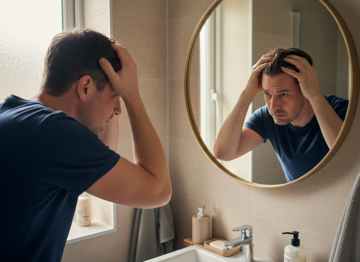 Real-life style image of a UK patient feeling frustrated by scalp irritation after starting topical minoxidil on courierstaging.mystagingwebsite.com.