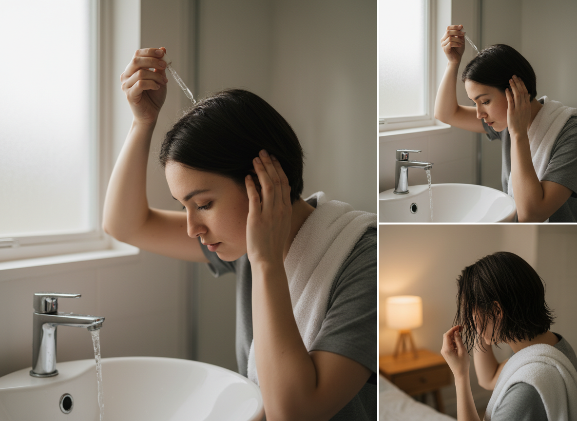 Real-life style image showing correct topical minoxidil application technique to reduce irritation and transfer on courierstaging.mystagingwebsite.com.