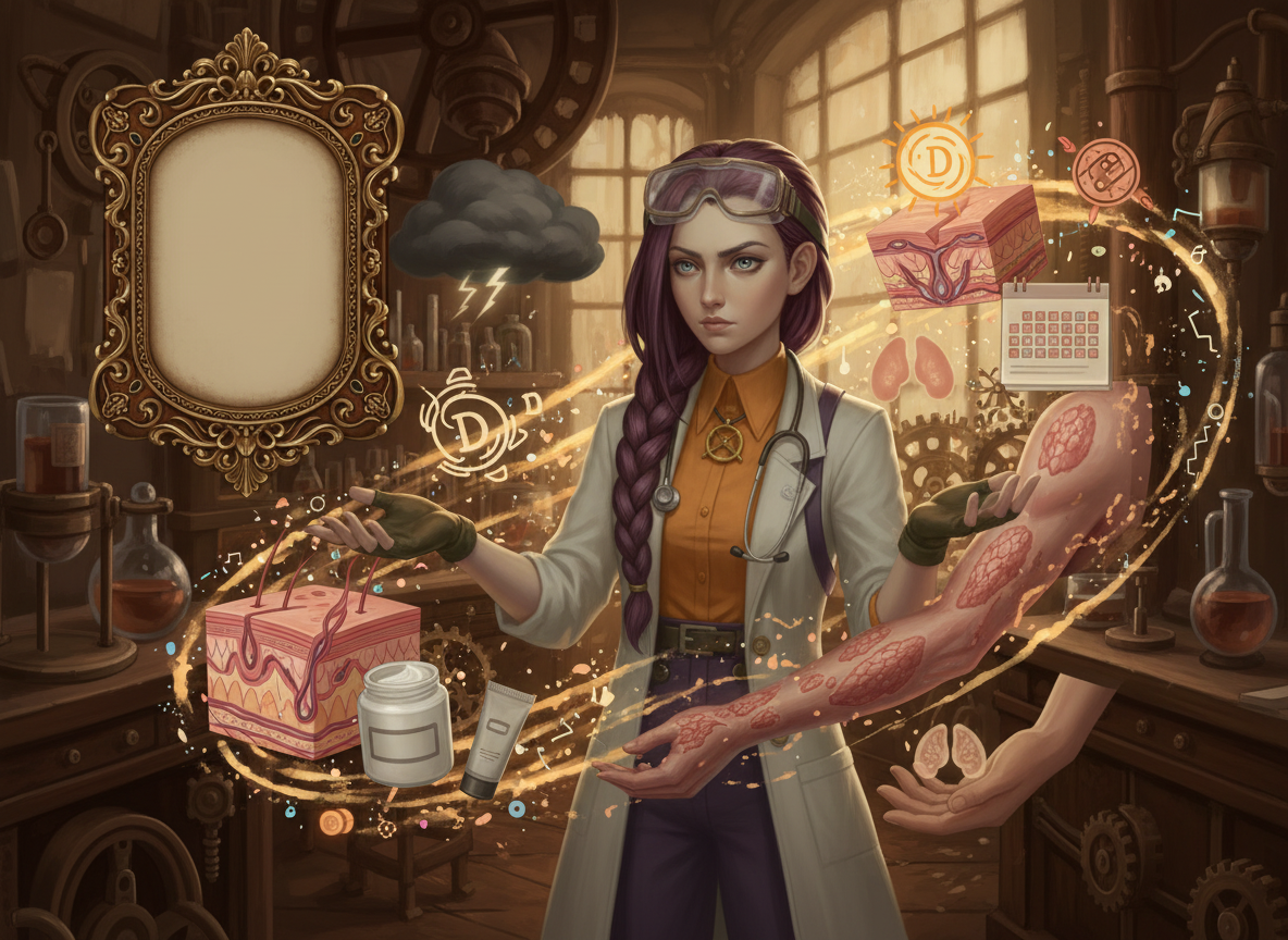 Dr Ada Jex Cori in a steampunk lab collage showing psoriasis plaques, skin layers, immune activity and treatment symbols for courierstaging.mystagingwebsite.com.
