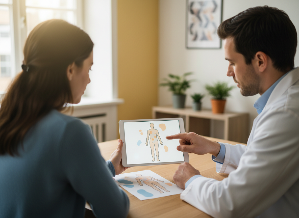 Real-life UK healthcare consultation scene discussing a skin condition and treatment choices, suitable for a psoriasis guide on courierstaging.mystagingwebsite.com.