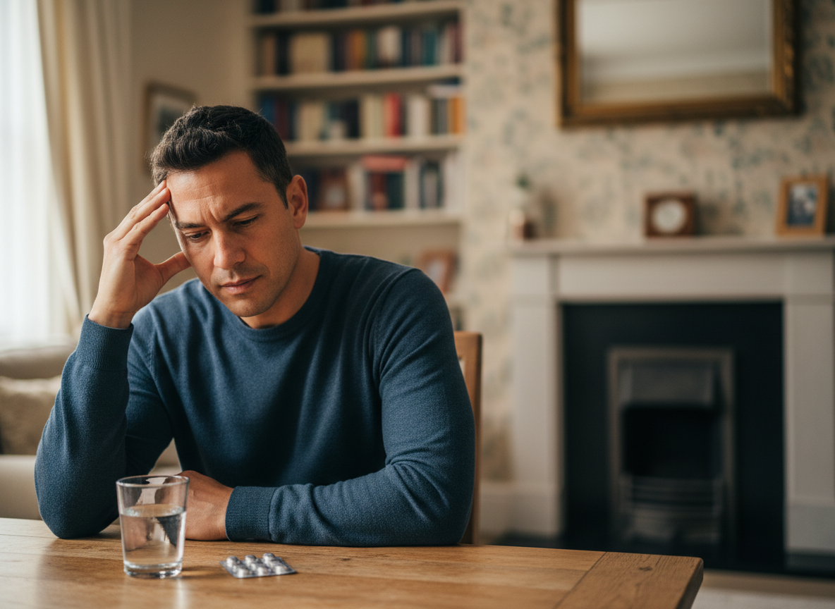 courierstaging.mystagingwebsite.com image for “Tadalafil 5mg: A UK patient’s guide to daily treatment” showing an adult man sitting at a table holding his temple, with a glass of water and an unbranded blister pack, representing headache as a possible tadalafil 5mg side effect.
