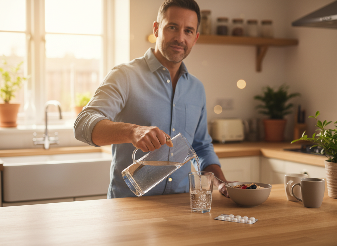 courierstaging.mystagingwebsite.com image for “Tadalafil 5mg: A UK patient’s guide to daily treatment” showing an adult man in a bright UK kitchen pouring water into a glass, with breakfast and an unbranded blister pack on the counter.
