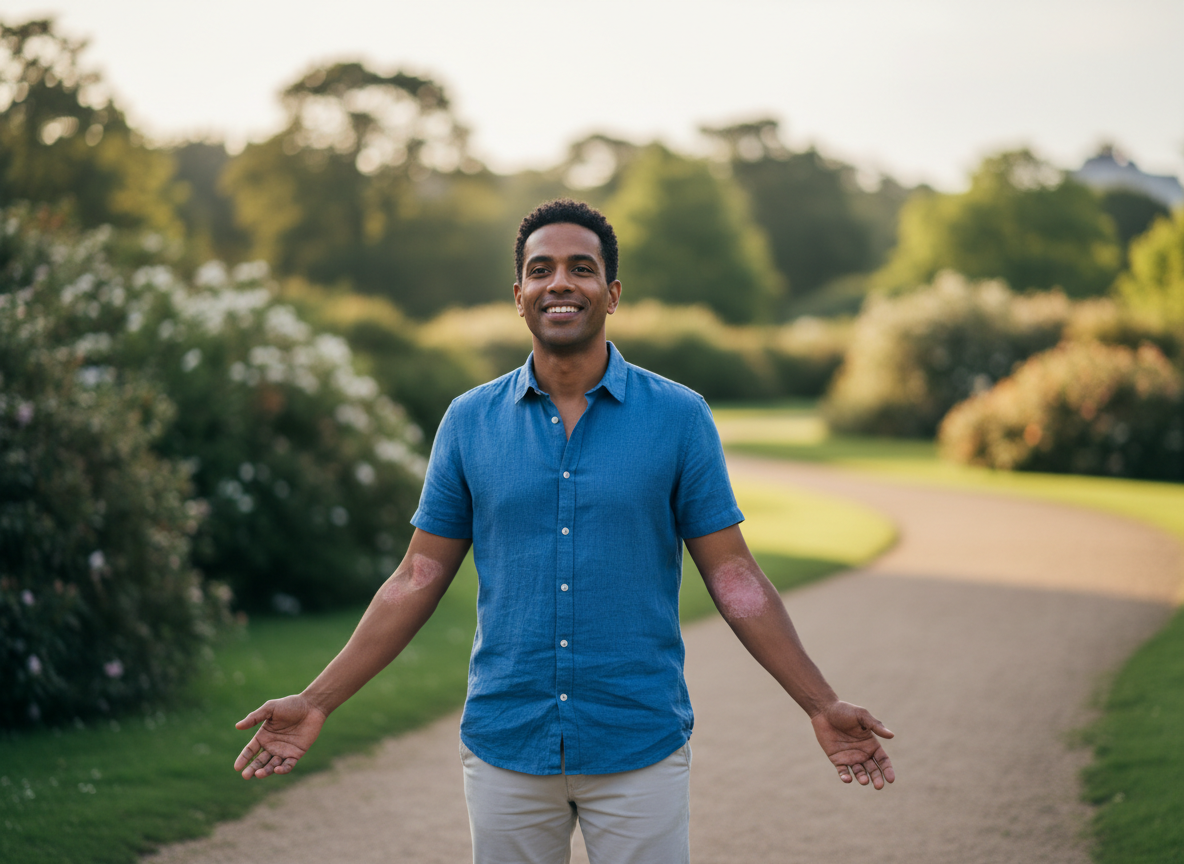 Real-life photo of a UK adult outdoors feeling more confident with psoriasis under better control, for courierstaging.mystagingwebsite.com.
