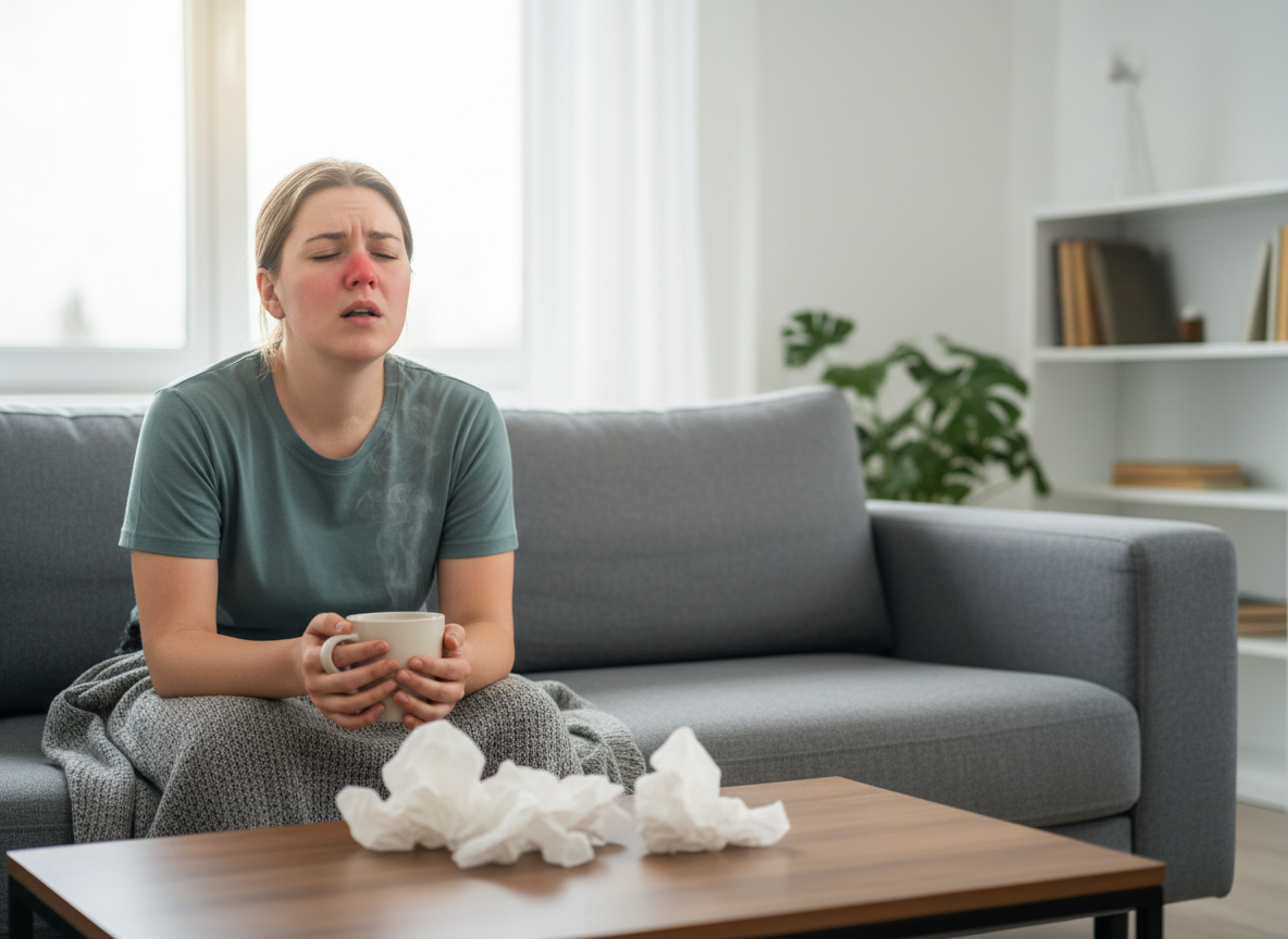Real-life editorial image for courierstaging.mystagingwebsite.com of a person at home with tissues and a warm drink, looking uncomfortable with a blocked nose and sore throat.