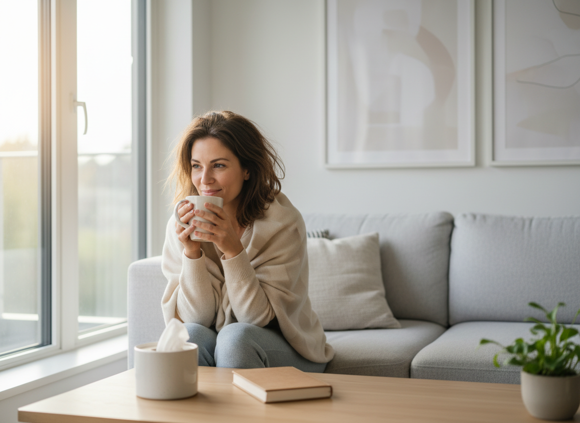 Real-life editorial image for courierstaging.mystagingwebsite.com of a person in morning daylight looking relieved and more energised after recovering from a cough or cold.