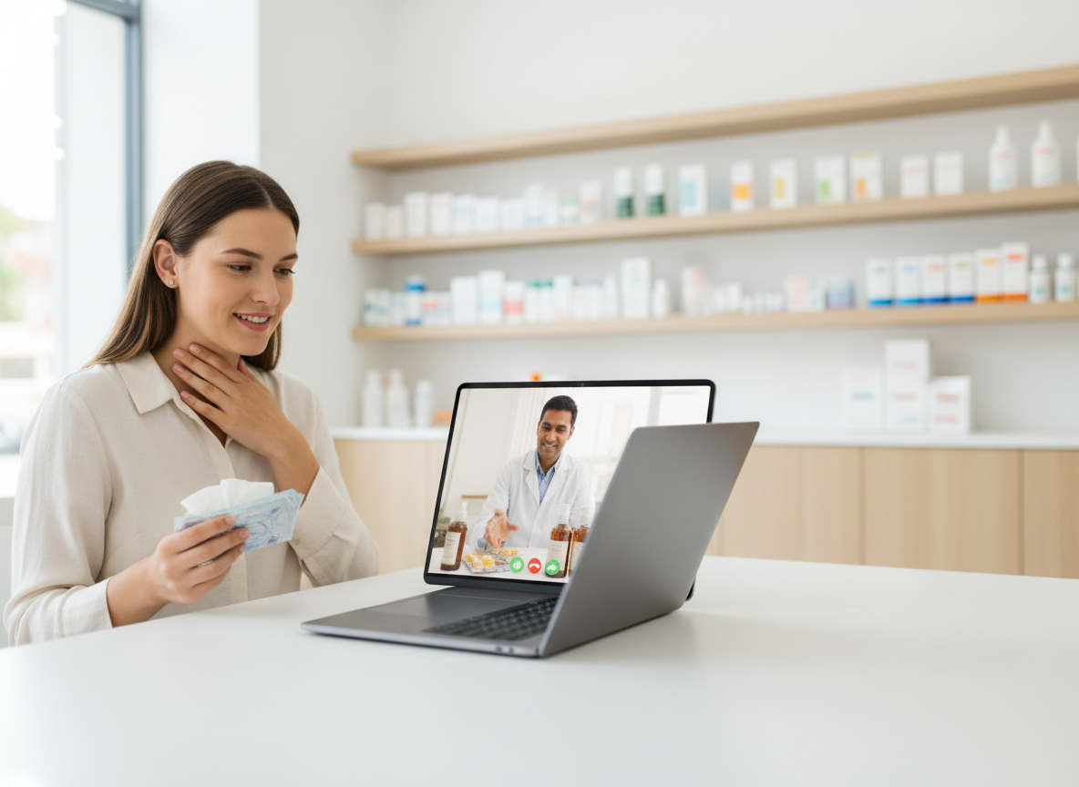 Real-life healthcare image for courierstaging.mystagingwebsite.com showing a person getting advice about coughs and colds from a pharmacist or via a video consultation.