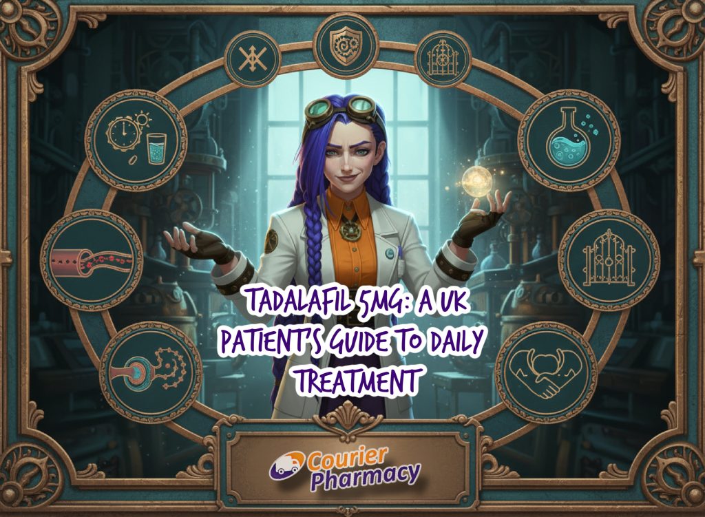 courierstaging.mystagingwebsite.com hero image for “Tadalafil 5mg: A UK patient’s guide to daily treatment” featuring Dr Ada Jex Cori in a steampunk lab with circular medical icons and the blog title displayed in the centre.