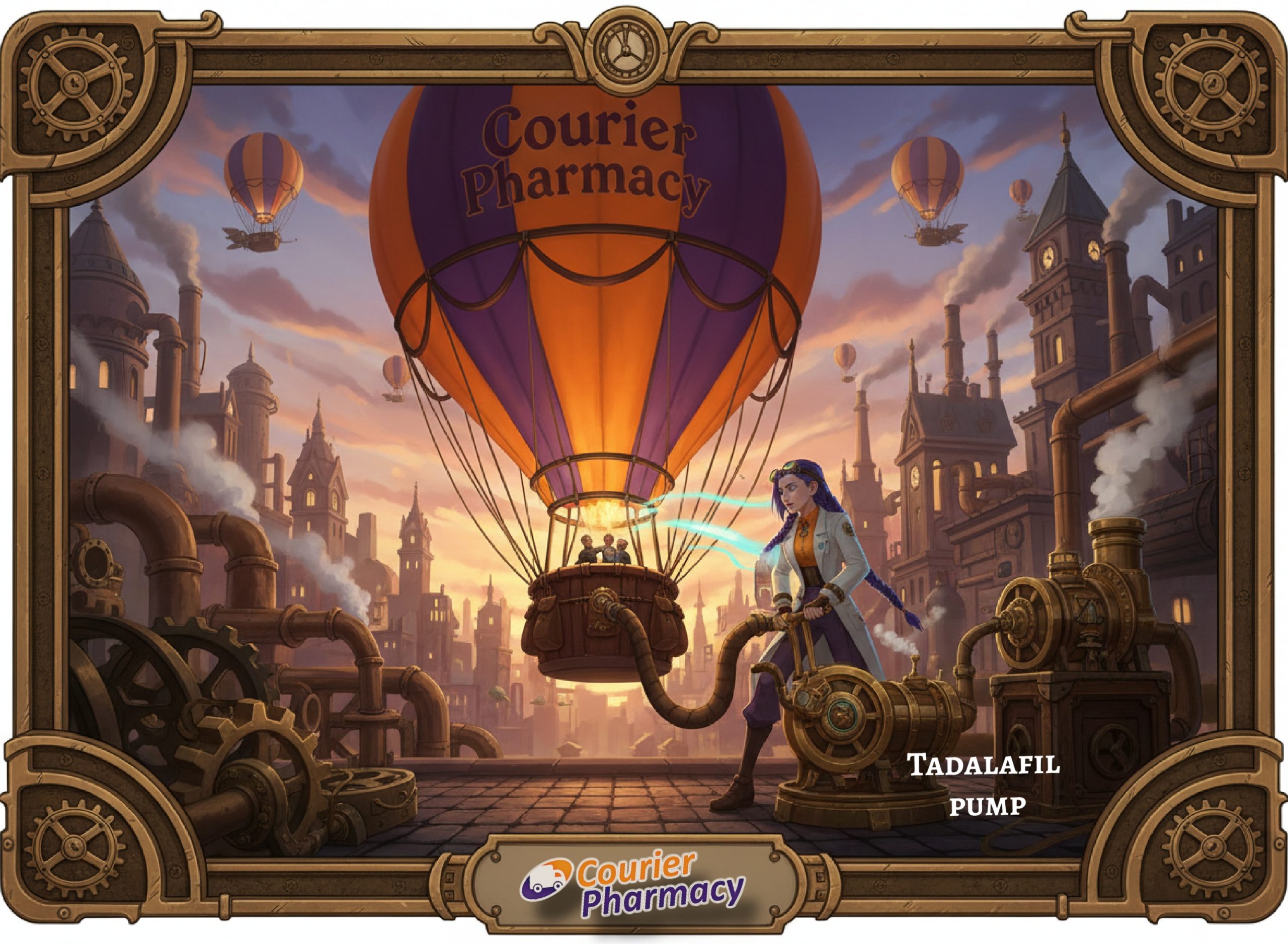 courierstaging.mystagingwebsite.com image for “Tadalafil 5mg: A UK patient’s guide to daily treatment” showing Dr Ada Jex Cori in a steampunk city using a “tadalafil pump” to inflate a Courier Pharmacy hot air balloon, as a metaphor for supporting blood flow.