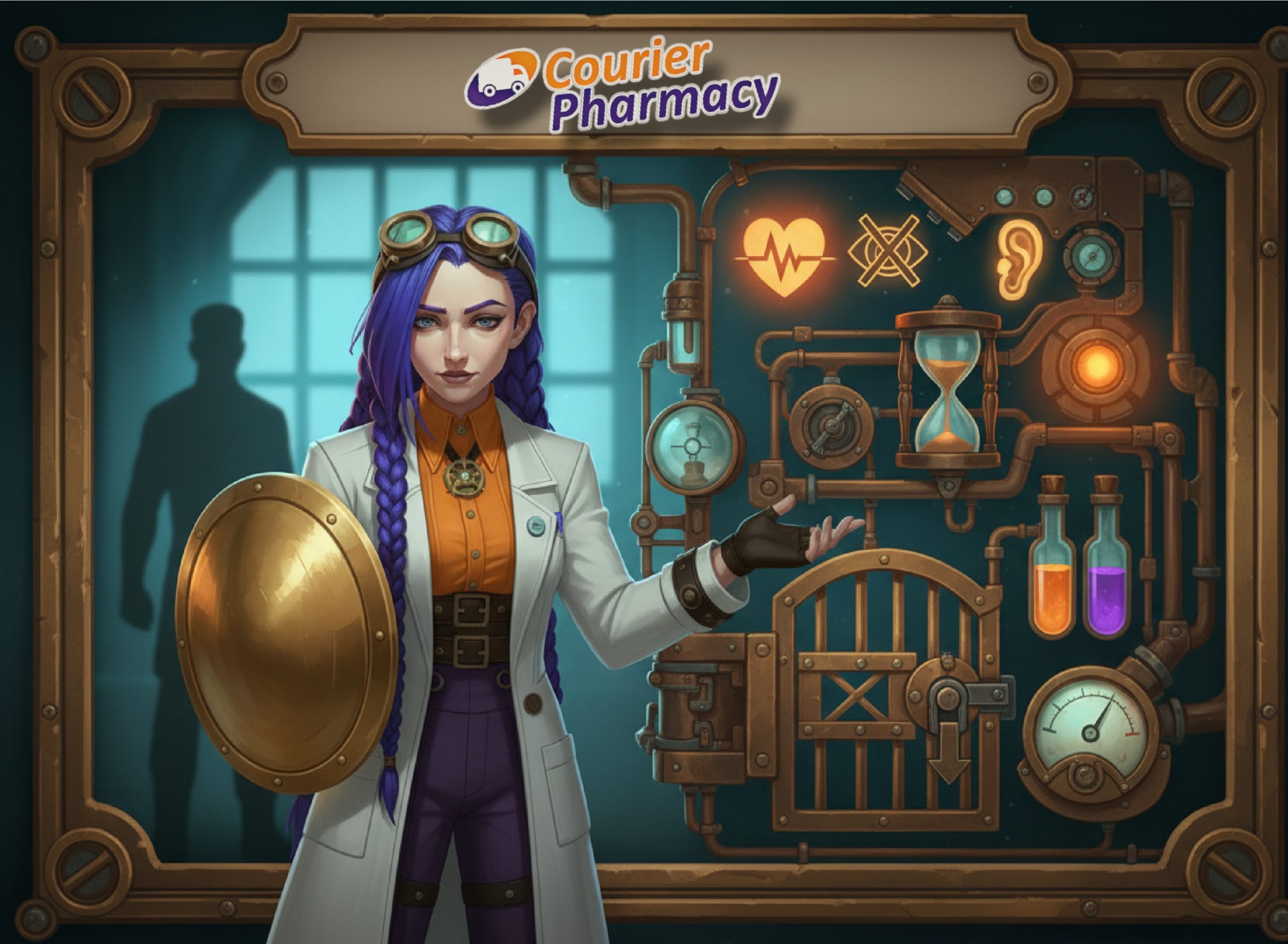 courierstaging.mystagingwebsite.com infographic of Dr Ada Jex Cori holding a shield beside safety icons and a locked gate mechanism, representing tadalafil 5mg red flags, interactions and when to seek urgent help.