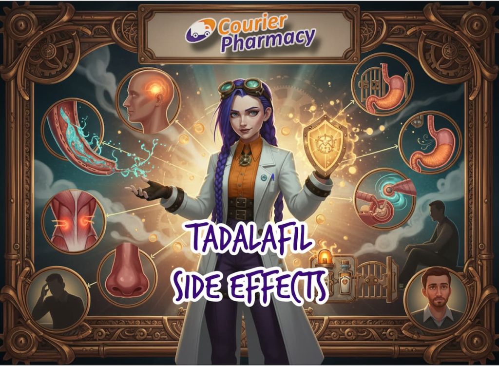 Dr Ada Jex Cori in a steampunk lab with male patient vignettes and icons showing common tadalafil 5mg side effects like headache, flushing, indigestion and back pain.