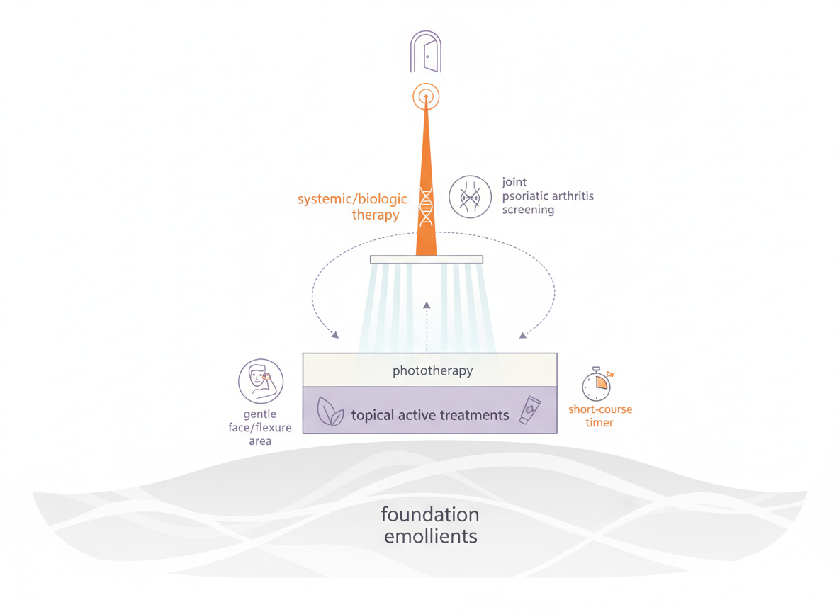 echnical pathway illustration showing stepwise psoriasis treatment options from emollients to specialist care for courierstaging.mystagingwebsite.com.