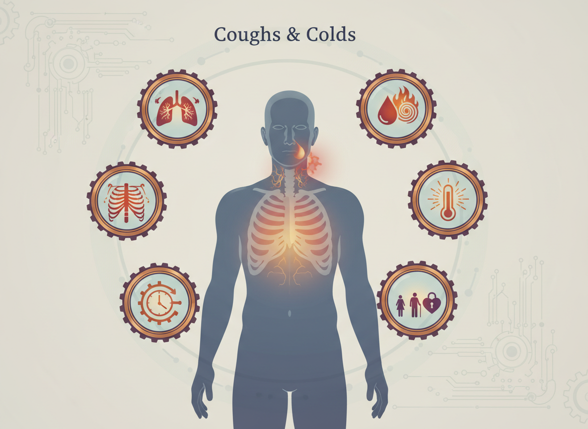 Technical safety infographic for courierstaging.mystagingwebsite.com showing warning icons around a human silhouette for cough and cold red flags such as breathlessness, chest pain and persistent symptoms.