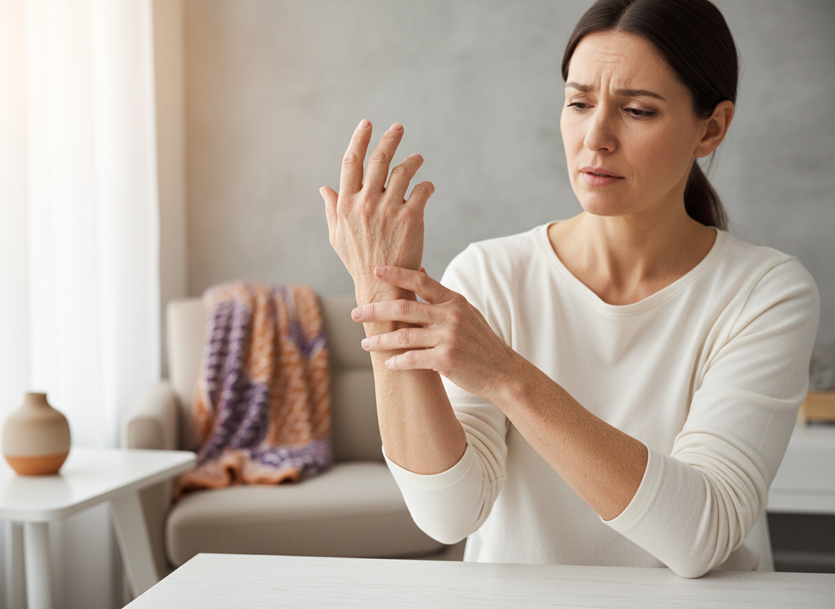 Close-up of a person inspecting dry, flaky, cracked skin on their hands in soft natural light. Courierpharmacy.co.uk