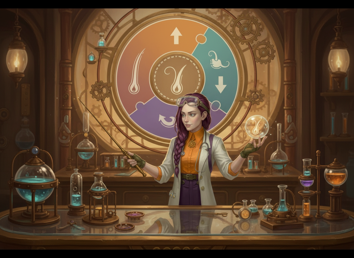 Dr Ada Jex Cori pointing to a visual hair growth cycle diagram in her steampunk laboratory. courierstaging.mystagingwebsite.com