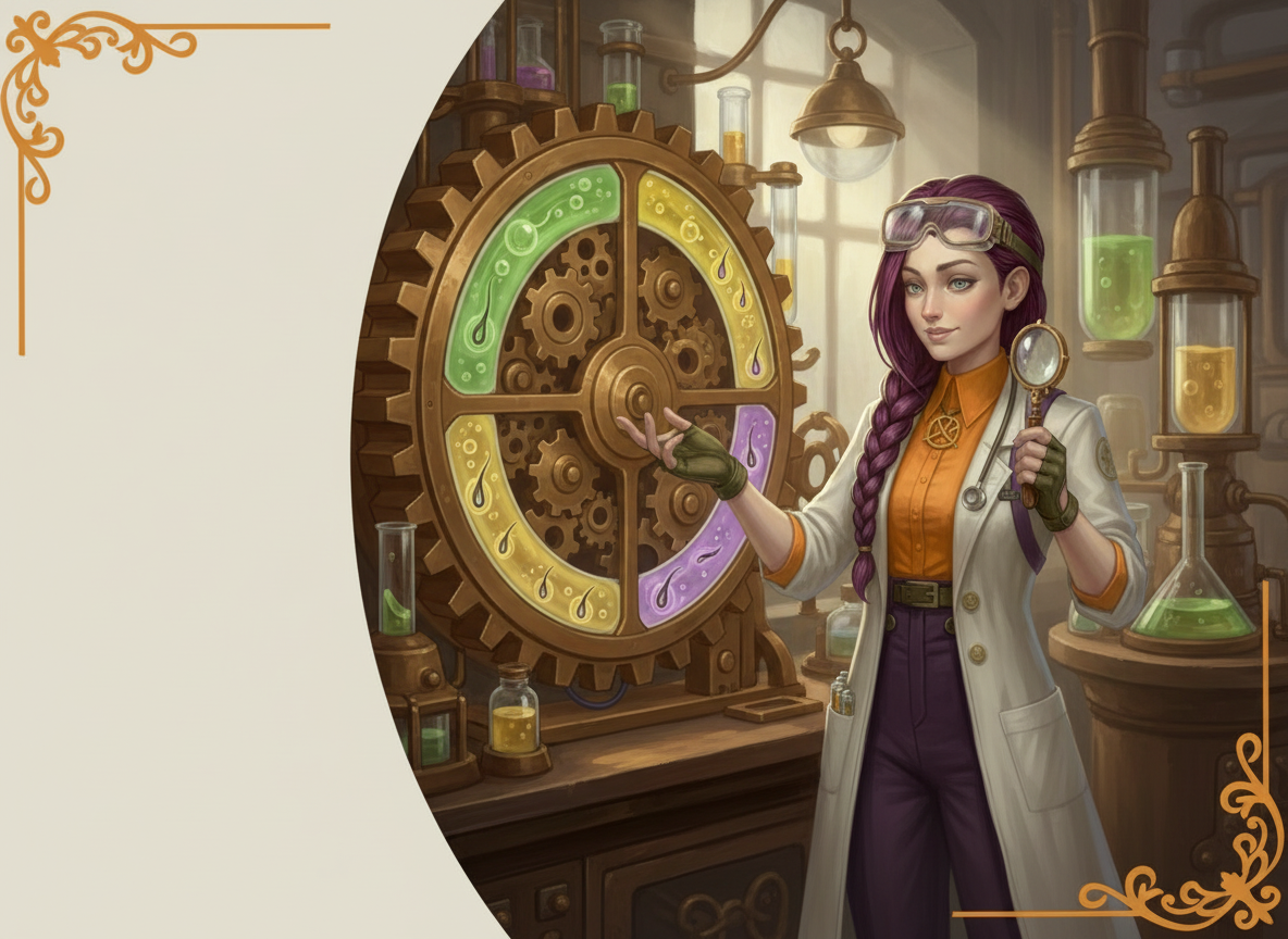 Dr Ada Jex Cori explaining the eyebrow hair growth cycle using a brass gear device and follicle props in a steampunk lab.