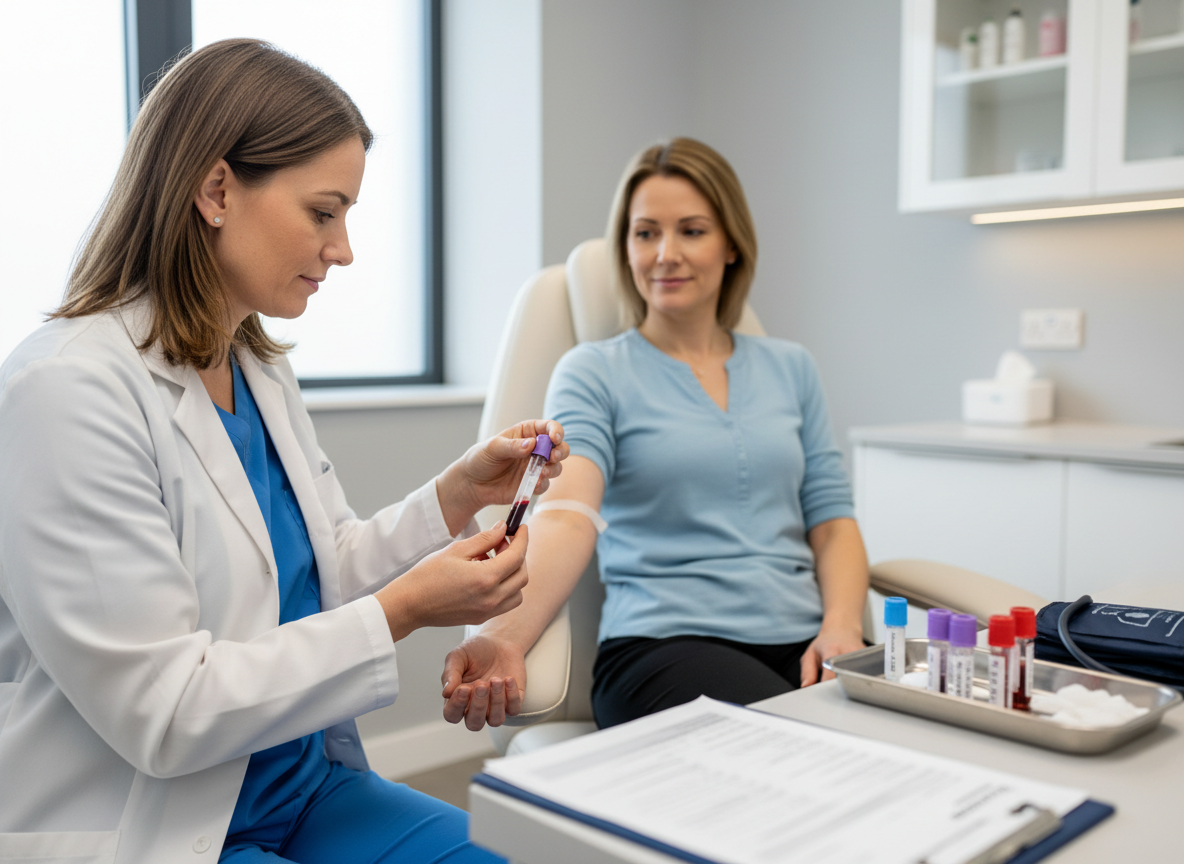 Patient having a blood test in a modern UK clinic setting, with small vials and a clinician preparing the sample.