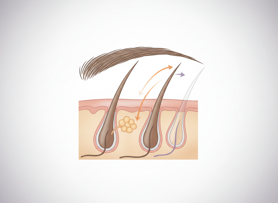 Medical cutaway diagram of eyebrow skin and hair follicles with implied growth cycle motion and subtle colour accents.