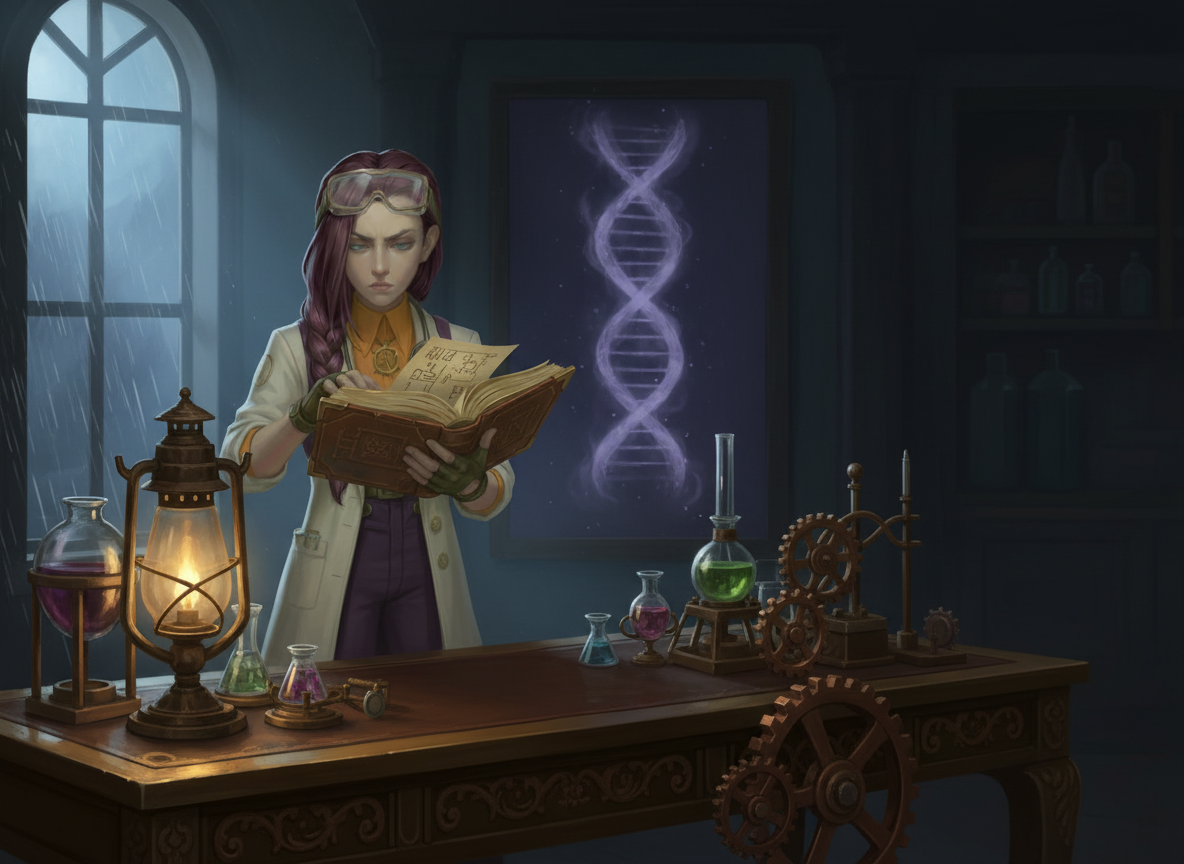 Dr Ada Jex Cori reading a leather-bound report in a moody steampunk laboratory with subtle DNA imagery in the background. courierstaging.mystagingwebsite.com