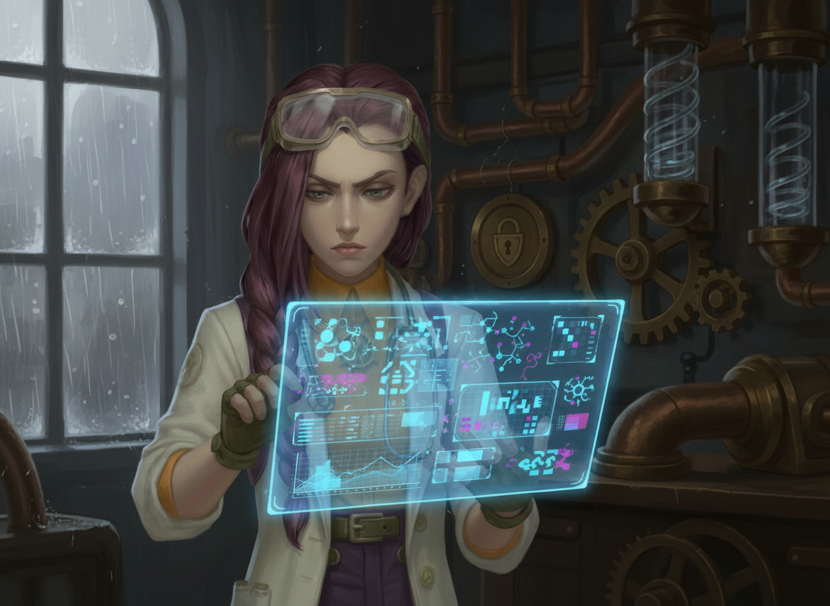 Dr Ada Jex Cori studying a glowing holographic results panel with abstract charts and icons in a dark laboratory. courierstaging.mystagingwebsite.com