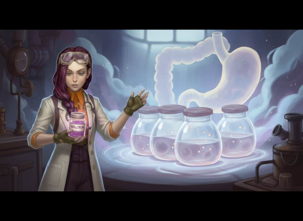 (courierstaging.mystagingwebsite.com): Dr Ada Jex Cori demonstrating mast cells as calm, closed “storage jars” near a gut motif, representing reduced mediator release.