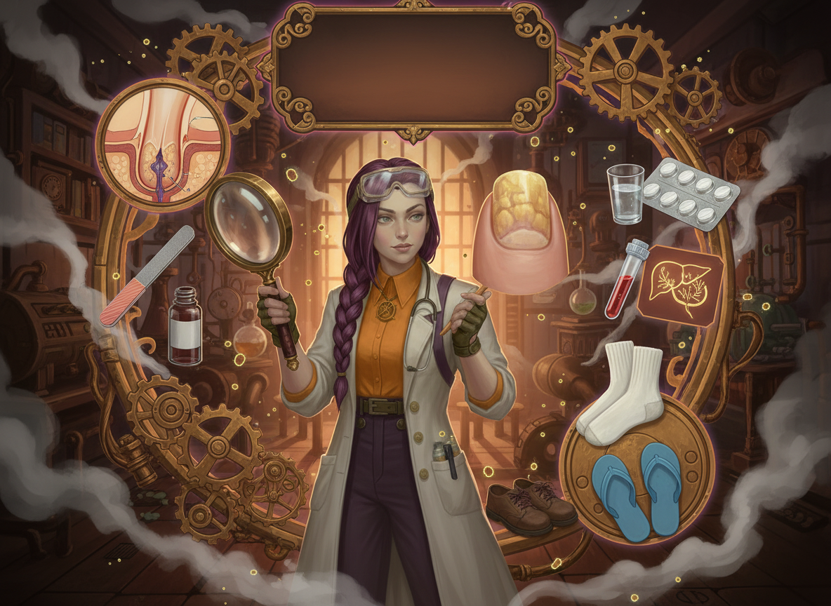 Dr Ada Jex Cori in a steampunk lab collage with toenail fungus motifs, nail lacquer, tablets, blood test vials and prevention items for fungal nail infections.